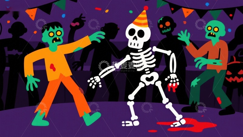 高清大图下载【趣麦麦图】万圣节派对：骷髅与僵尸共舞