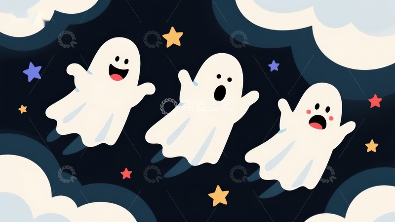 高清大图下载【趣麦麦图】夜空中的三个可爱幽灵