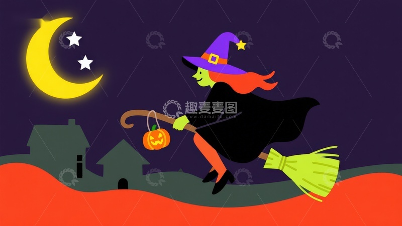 高清大图下载【趣麦麦图】万圣夜女巫骑扫帚