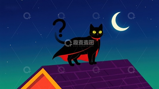 夜空下的黑猫与弯月