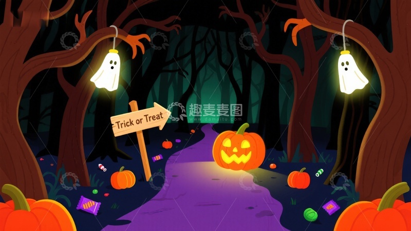 高清大图下载【趣麦麦图】万圣节森林小径，南瓜与幽灵灯