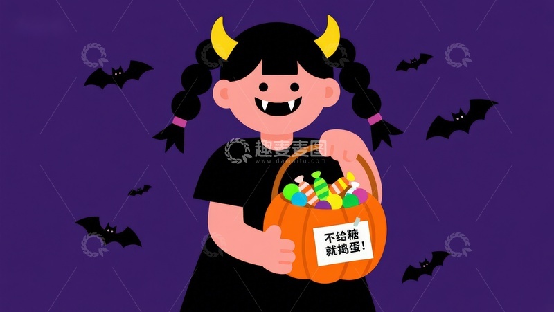 高清大图下载【趣麦麦图】小女孩手持糖果篮庆祝万圣节
