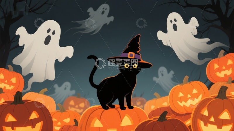 高清大图下载【趣麦麦图】万圣节夜景：黑猫与幽灵