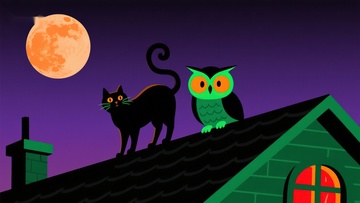 夜空下的猫与猫头鹰