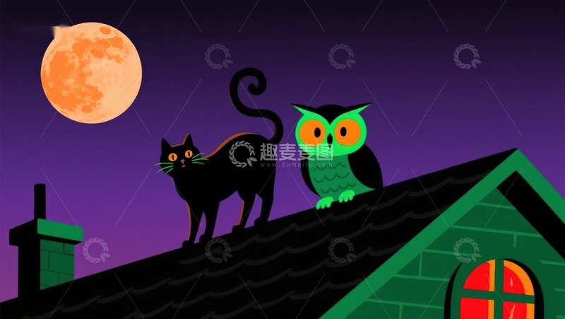 高清大图下载【趣麦麦图】夜空下的猫与猫头鹰