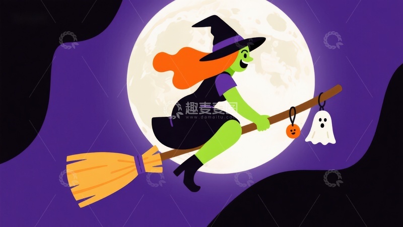 高清大图下载【趣麦麦图】巫女骑扫帚夜空飞行