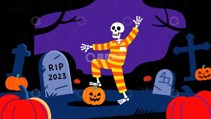 高清大图下载【趣麦麦图】万圣节骷髅舞动于墓地