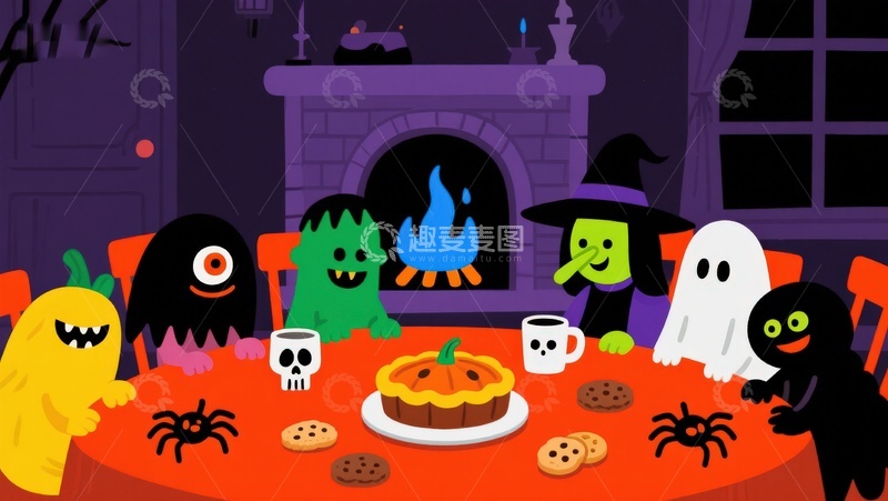 高清大图下载【趣麦麦图】万圣节怪物共聚晚餐