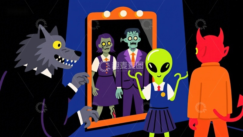 高清大图下载【趣麦麦图】怪物与外星人镜中自照