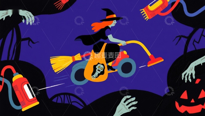 高清大图下载【趣麦麦图】万圣节女巫骑吸尘器飞行