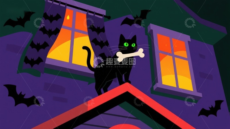 高清大图下载【趣麦麦图】黑猫叼骨屋顶上，夜幕蝙蝠环绕屋