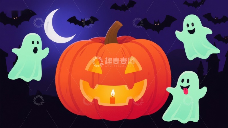高清大图下载【趣麦麦图】万圣节南瓜灯与幽灵的夜景