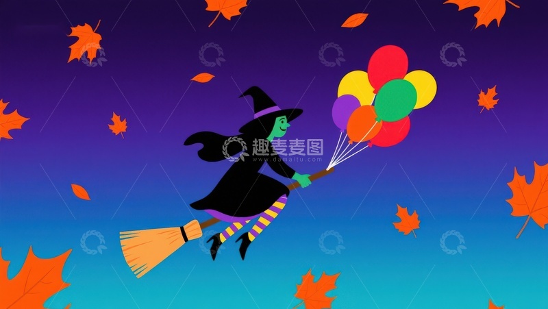 高清大图下载【趣麦麦图】巫女骑帚携气球，秋叶纷飞夜空景