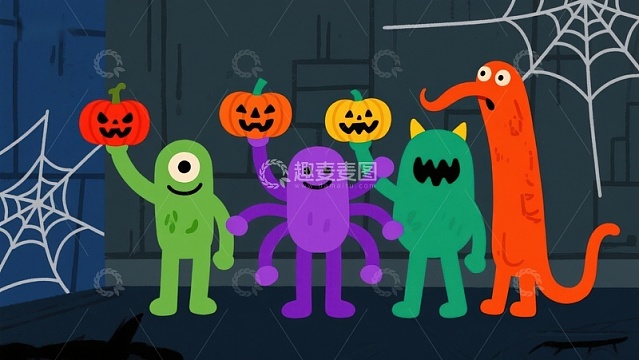 卡通怪物手持南瓜灯庆祝万圣节