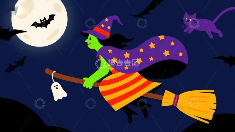 高清大图下载【趣麦麦图】万圣节女巫骑扫帚夜空飞行
