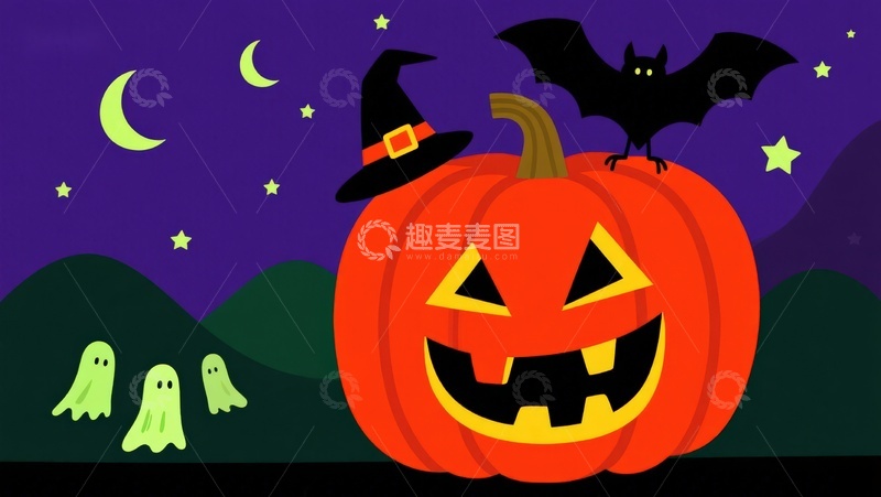 高清大图下载【趣麦麦图】万圣节南瓜灯与幽灵蝙蝠夜景