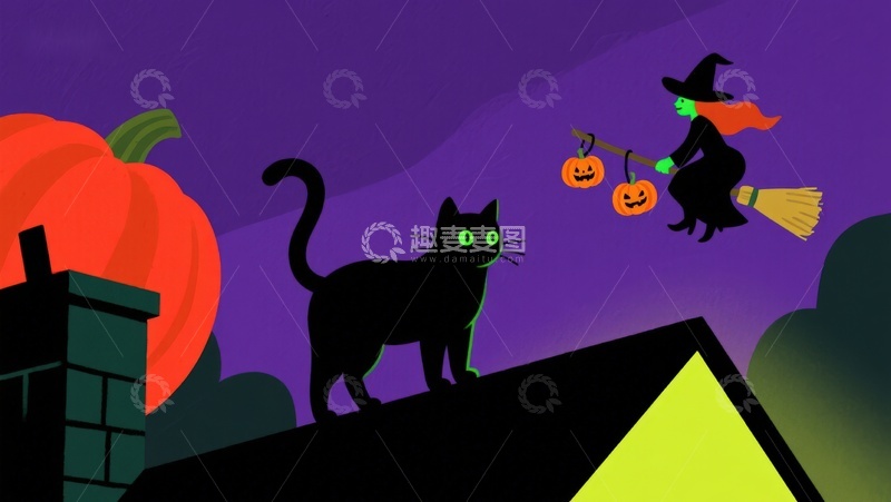 高清大图下载【趣麦麦图】万圣夜巫女与黑猫屋顶场景
