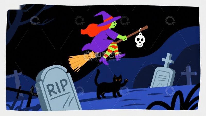 高清大图下载【趣麦麦图】万圣夜巫女飞越墓地
