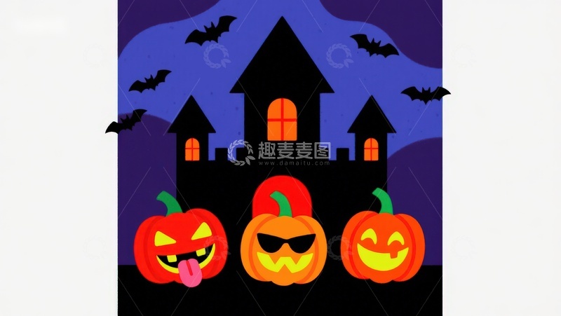 高清大图下载【趣麦麦图】万圣节夜景：南瓜灯与幽灵城堡