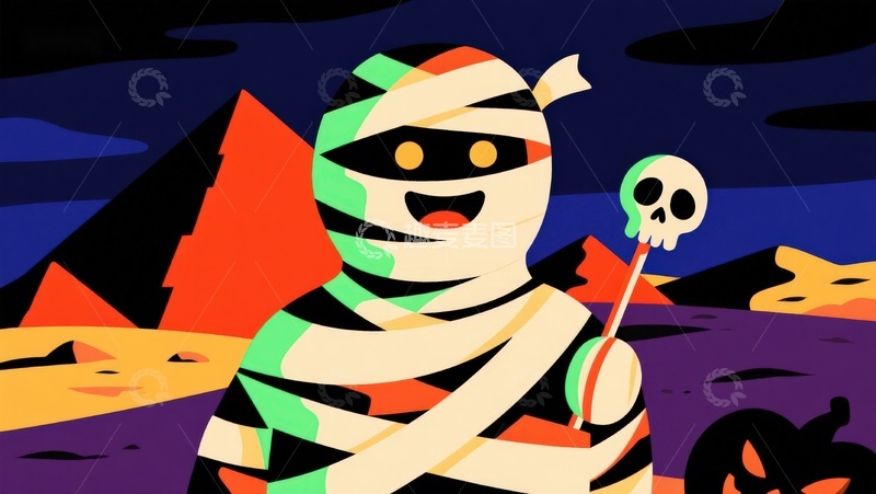 高清大图下载【趣麦麦图】万圣节木乃伊手持骷髅棒