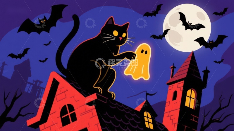 高清大图下载【趣麦麦图】黑猫屋顶捉鬼，满月夜蝙蝠飞舞