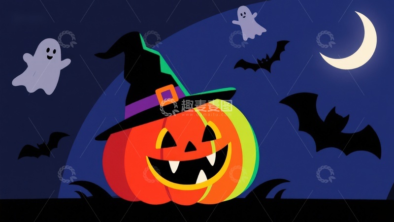 高清大图下载【趣麦麦图】万圣节南瓜灯与幽灵蝙蝠夜景