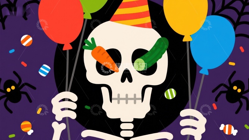 高清大图下载【趣麦麦图】骷髅手持气球，庆祝节日