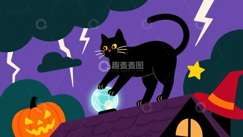 高清大图下载【趣麦麦图】万圣夜屋顶上的黑猫