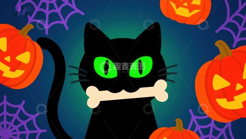 高清大图下载【趣麦麦图】万圣节黑猫与南瓜灯