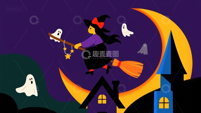 高清大图下载【趣麦麦图】万圣夜巫女骑扫帚飞过月亮