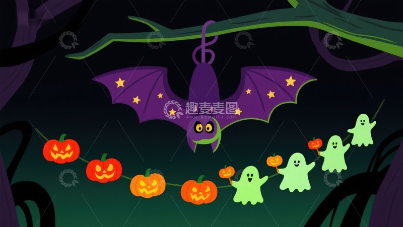 高清大图下载【趣麦麦图】万圣节夜景：蝙蝠与南瓜灯