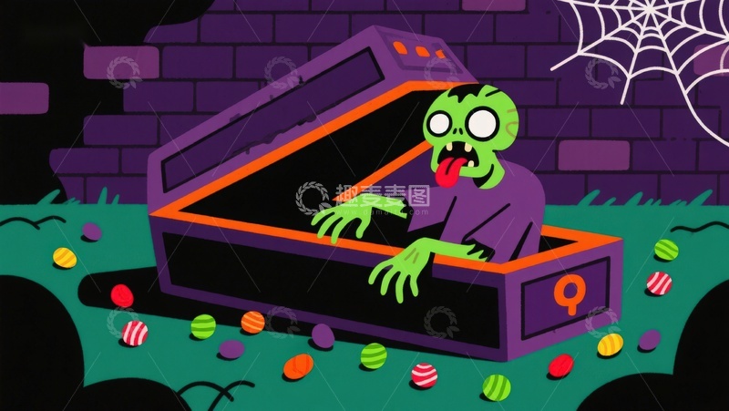 高清大图下载【趣麦麦图】僵尸从棺材中爬出，周围散落糖果