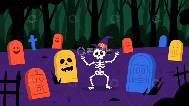 高清大图下载【趣麦麦图】万圣节墓地中的骷髅舞者