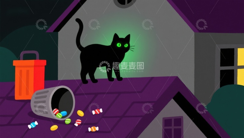 高清大图下载【趣麦麦图】屋顶上的黑猫与糖果