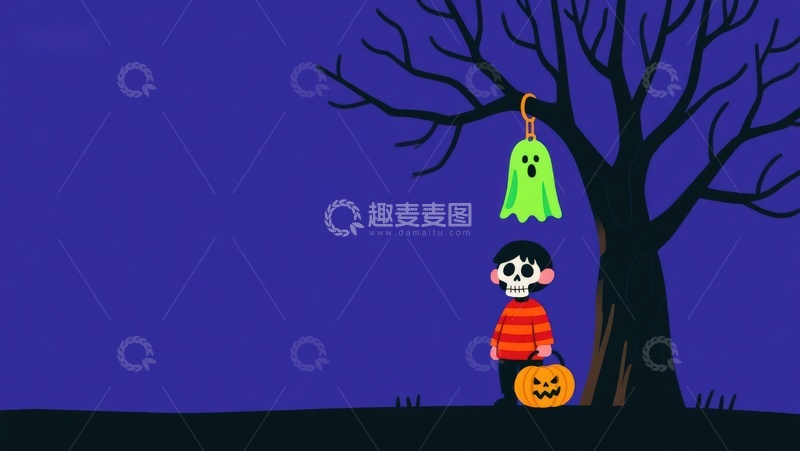 高清大图下载【趣麦麦图】万圣节夜晚，小孩与幽灵树下相遇