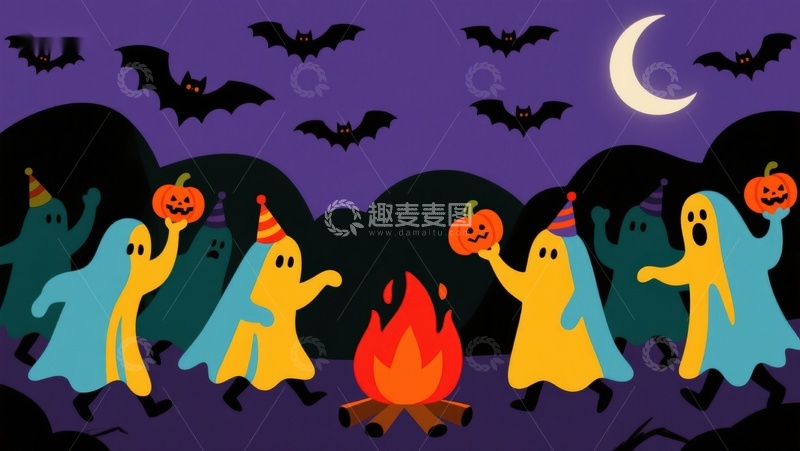 高清大图下载【趣麦麦图】万圣节幽灵围篝火庆祝