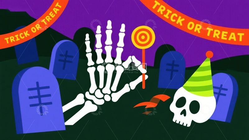 高清大图下载【趣麦麦图】万圣节骷髅手与墓碑场景
