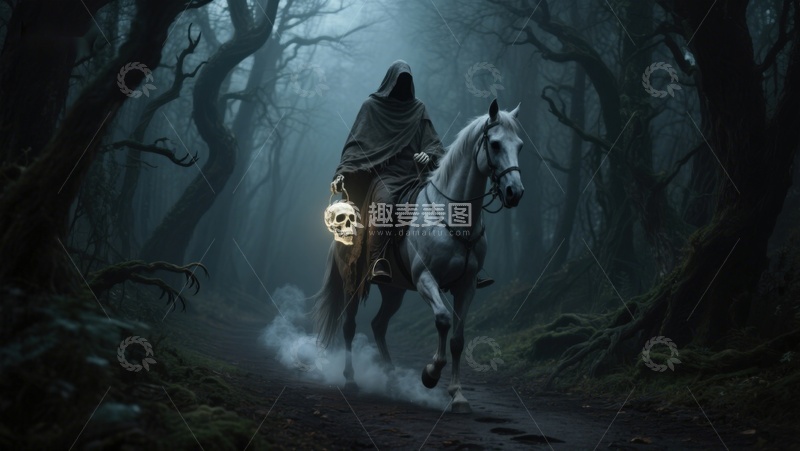 高清大图下载【趣麦麦图】幽灵骑士在雾林中骑行