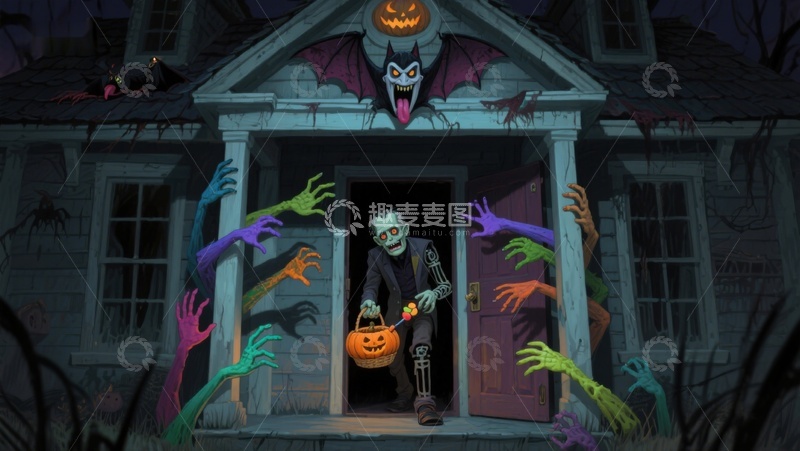 高清大图下载【趣麦麦图】万圣节恐怖屋前的骷髅与幽灵手臂