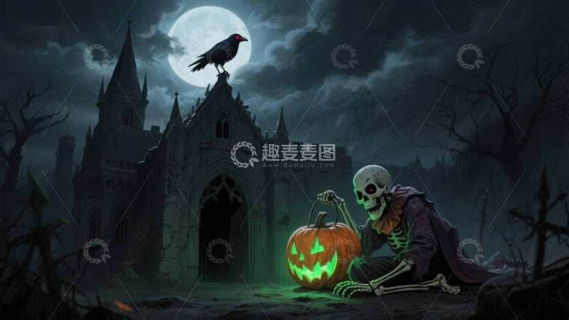 高清大图下载【趣麦麦图】月夜古堡前的骷髅与南瓜灯