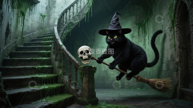 高清大图下载【趣麦麦图】黑猫骑扫帚携骷髅头下楼梯
