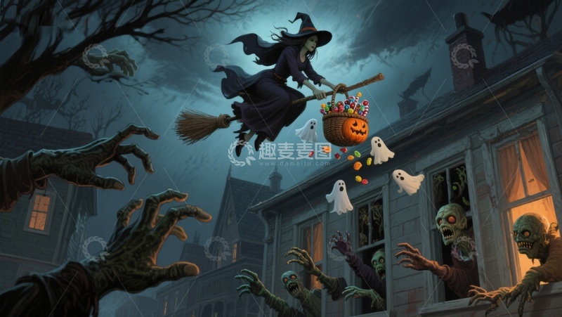 高清大图下载【趣麦麦图】万圣节女巫飞行，僵尸手伸向糖果