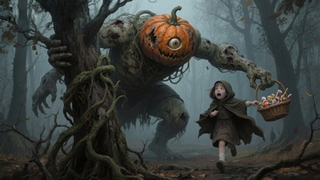 南瓜头怪物追逐小女孩