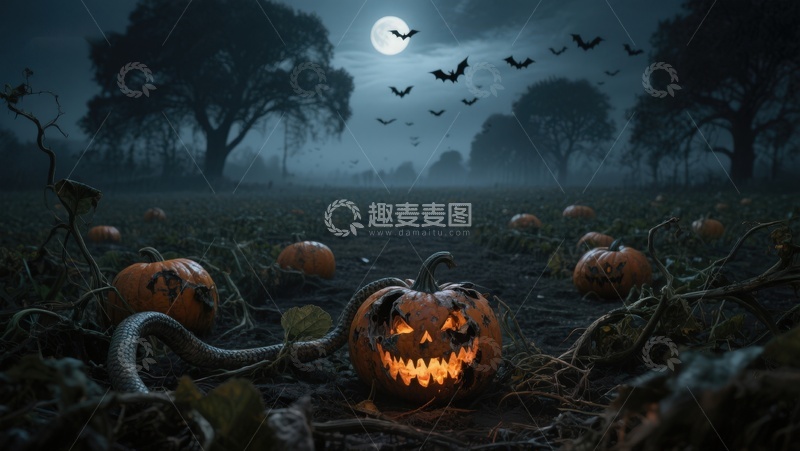 高清大图下载【趣麦麦图】月夜南瓜灯与飞鸟的神秘场景