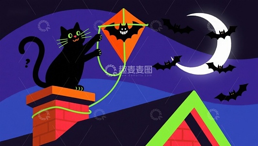 黑猫屋顶放蝙蝠风筝