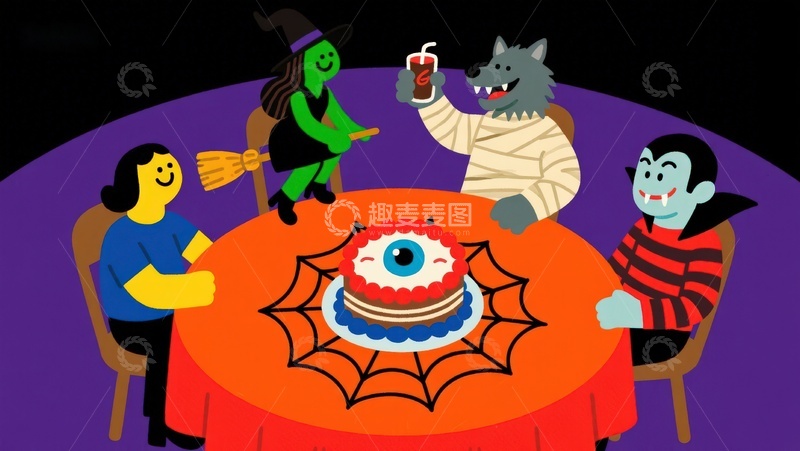 高清大图下载【趣麦麦图】万圣节派对：角色围桌共庆