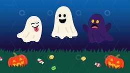 万圣节夜晚的可爱幽灵与南瓜灯