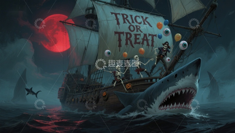 高清大图下载【趣麦麦图】万圣节海盗船与巨鲨