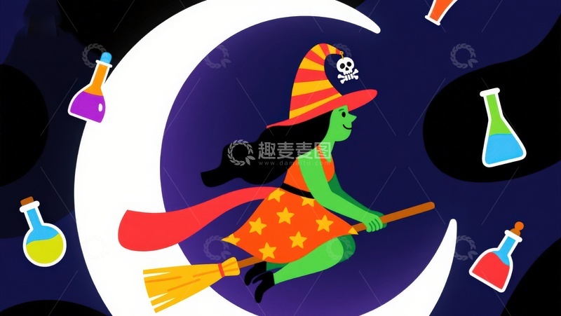 高清大图下载【趣麦麦图】巫女骑扫帚夜空飞行