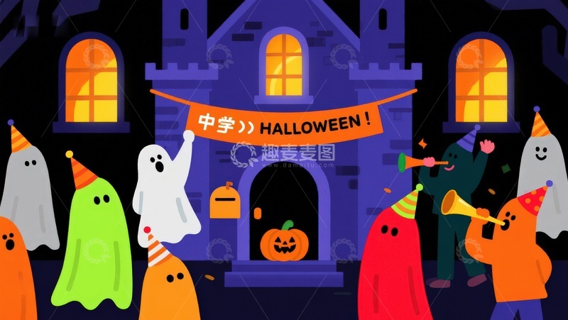 高清大图下载【趣麦麦图】中学万圣节派对前的鬼魂与南瓜灯